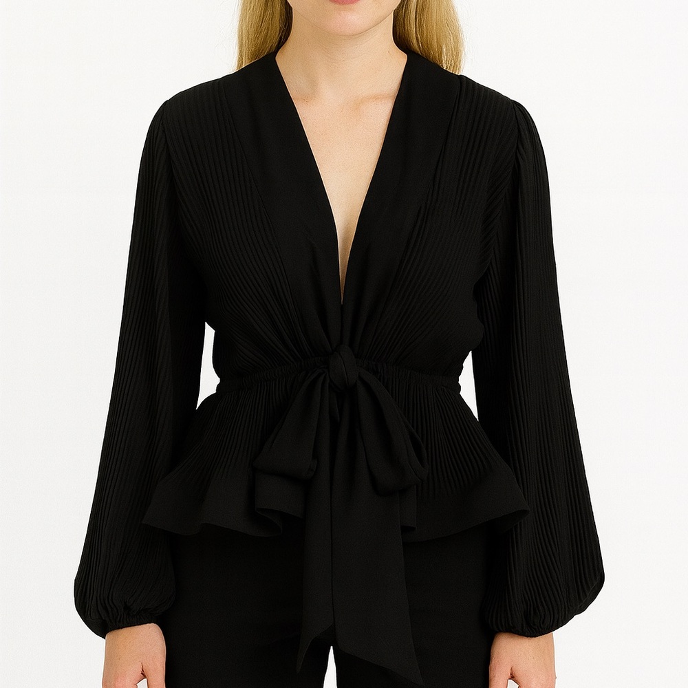 Stunning Black & White Pleated Tie Top - Picture 2 of 6